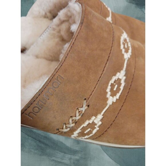 Hari Mari Shearling Lined Suede Slippers In Tan color With Embroidered Details S - Picture 3 of 10